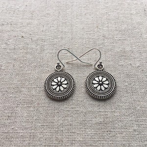 SALE Boho Flower Earrings Flower Disc Earrings Circle Flower Earrrings Bohemian Flower Jewelry Everyday Silver Jewelry image 5