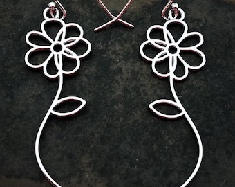 SALE - Modern Flower Earrings - Silver Flower Earrings - Flower Dangle Earrings - Mod Flower Earrings - Spring Earrings - Summer Earrings