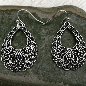 SALE - Silver Teardrop Earrings - Filigree Dangle Earrings - Boho Drop Earrings - Boho Silver Earrings - Bohemian Silver Earrings