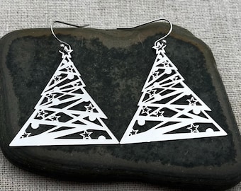Christmas Tree Earrings - Holiday Earrings - Christmas Earrings - Silver Xmas Tree Earrings - Winter Earrings - Secret Santa Gifts