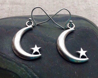 SALE - Silver Moon Earrings - Silver Star Earrings - Silver Celestial Earrings - Celestial Jewelry Gifts - Moon and Star Jewelry