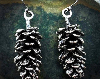 Large Pine Cone Earrings - Silver Pine Cone Earrings - Big Pine Cone Dangle Earrings - Pine Cone Jewelry Gifts - Pine Cone Gifts For Her