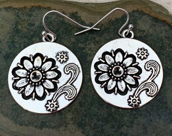 SALE - Boho Flower Earrings - Flower Disc Earrings - Floral Boho Earrings - Silver Flower Earrings - Big Bohemian Earrings - Flower Jewelry