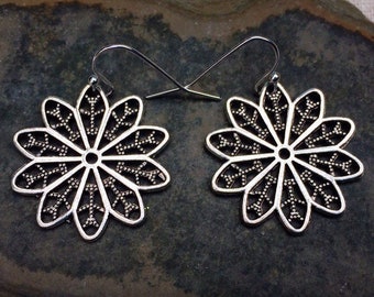 SALE - Filigree Flower Earrings - Silver Flower Earrings - Boho Flower Earrings - Unique Flower Earrings - Boho Flower Jewelry Gifts