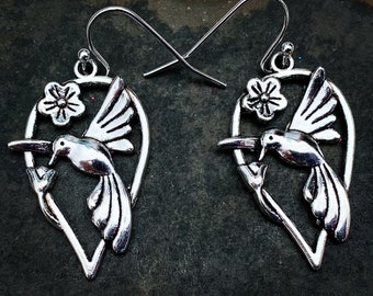 VENTA - Pendientes de colibrí de plata - Pendientes colgantes de colibrí - Joyería de colibrí - Pendientes de flores de colibrí - Regalos de colibrí