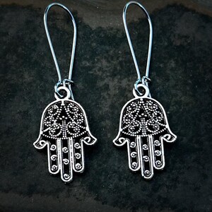 Hand of Fatima Earrings - Silver Hamsa Earrings - Evil Eye Earrings - Hamsa Dangle Earrings - Symbolic Jewelry - Protection Jewelry