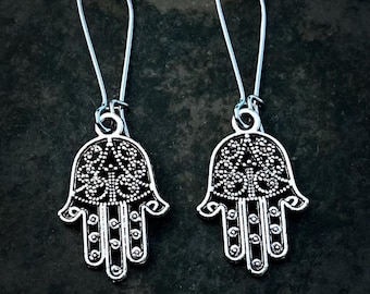 Hand of Fatima Earrings - Silver Hamsa Earrings - Evil Eye Earrings - Hamsa Dangle Earrings - Symbolic Jewelry - Protection Jewelry
