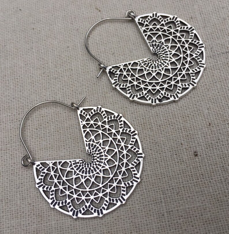 SALE Mandala Hoop Earrings Bohemian Hoop Earrings Silver | Etsy
