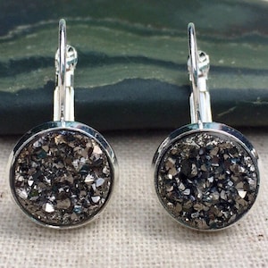 Gray Druzy Earrings - Lever back Earrings - Pyrite Earrings - Faux Druzy Earrings - Sparkly Rock Earrings - Druzy Jewelry - Gifts For Her