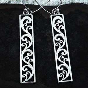 Long Silver Dangle Earrings - Whimsical Silver Earrings - Statement Swirl Earrings - Long Skinny Rectangle Earrings - Silver Boho Earrings