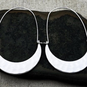 Crescent Moon Hoops - Hammered Silver Hoops - Minimalist Hoop Earrings - Silver Hoop Earrings - Modern Silver Hoops - Long Silver Hoops