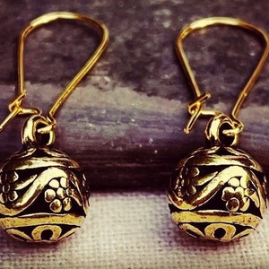 SALE - Gold Ball Earrings - Gold Dangle Earrings - Gold Drop Earrings - Gold Boho Earrings - Gold Floral Earrings - Gold Artisan Earrings