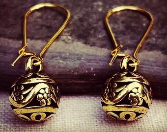 Little Gold Ball Earrings - Gold Dangle Earrings - Dainty Gold Earrings - Gold Drop Earrings - Gold Flower Earrings - Gold Floral Earrings