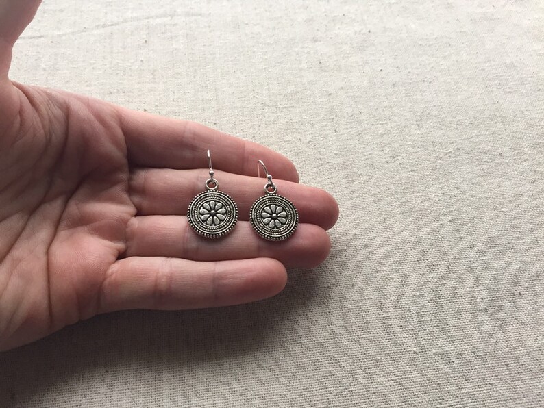 SALE Boho Flower Earrings Flower Disc Earrings Circle Flower Earrrings Bohemian Flower Jewelry Everyday Silver Jewelry image 10