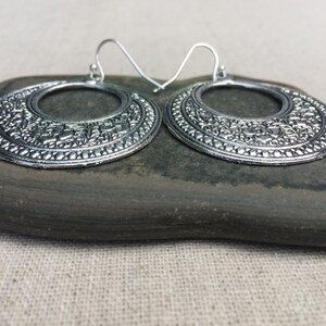 SALE Floral Hoop Earrings Silver Boho Hoop Earrings Floral Disc Earrings Bohemian Flower Earrings Boho Flower Hoops Boho Jewelry image 5