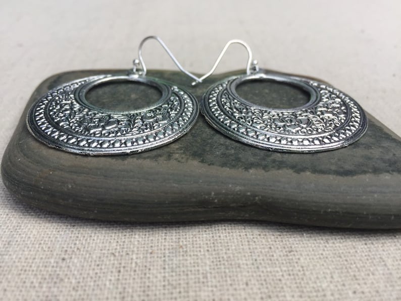 SALE Floral Hoop Earrings Silver Boho Hoop Earrings Floral Disc Earrings Bohemian Flower Earrings Boho Flower Hoops Boho Jewelry image 5