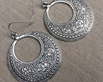 SALE - Floral Hoop Earrings - Silver Boho Hoop Earrings - Floral Disc Earrings - Bohemian Flower Earrings - Boho Flower Hoops - Boho Jewelry