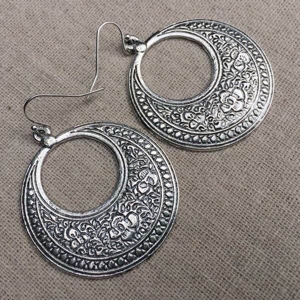 SALE - Floral Hoop Earrings - Silver Boho Hoop Earrings - Floral Disc Earrings - Bohemian Flower Earrings - Boho Flower Hoops - Boho Jewelry