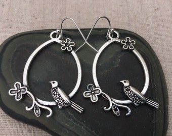 SALE - Silver Bird Earrings - Bird Jewelry Gifts  - Statement Bird Earrings - Bird Hoop Earrings - Whimsical Bird Earrings