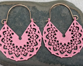 SALE - Pink Hoop Earrings - Pink Mandala Hoops - Pink Boho Earrings - Pink Bohemian Hoops - Pink Earrings - Pink Hoops - Pink Jewelry Gifts