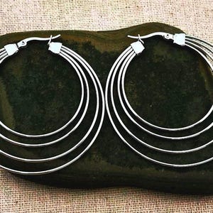 Puede incluir: Un par de pendientes de aro plateados, cada uno con cuatro alambres circulares concéntricos que se conectan en un único punto de cierre de bisagra. Los pendientes tienen un acabado metálico pulido y un diseño multicapa apilado.