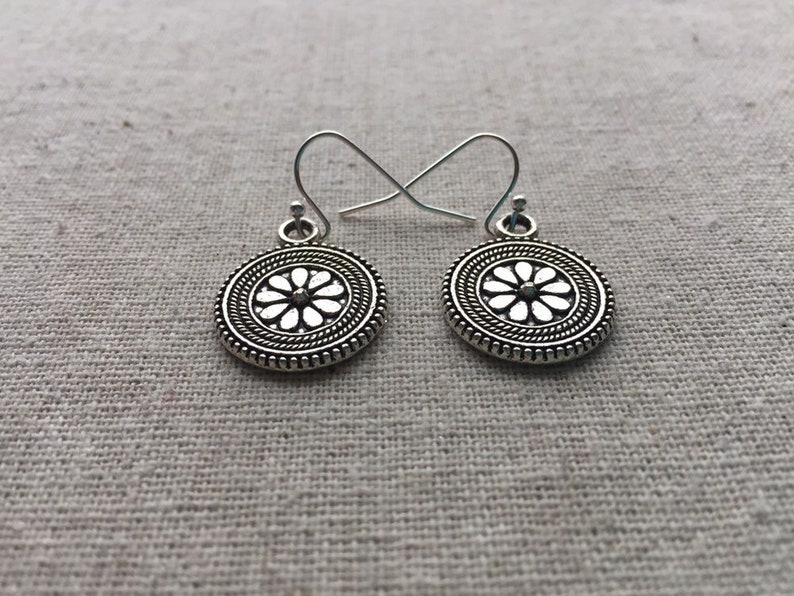 SALE Boho Flower Earrings Flower Disc Earrings Circle Flower Earrrings Bohemian Flower Jewelry Everyday Silver Jewelry image 4