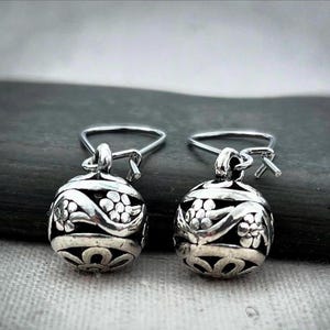 Silver Ball Earrings - Dainty Flower Earrings - Boho Dangle Earrings - Floral Drop Earrings - Flower Dangle Earrings - Floral Gifts For Her
