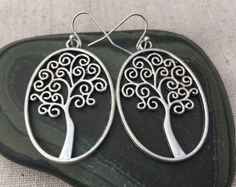 SALE - Whimsical Tree Earrings - Big Silver Tree Earrings - Tree of Life Jewelry - Statement Tree Earrings - Tree Hoop Earrings