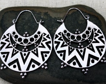 Silver Ethnic Hoops - Tribal Hoop Earrings - Boho Hoop Earrings - Bohemian Silver Hoops - Funky Silver Hoops - Geometric Hoop Earrings