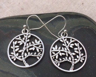 SALE - Unique Tree Earrings - Silver Tree Earrings - Tree of Life Jewelry - Tree Disc Earrings - Leafy Tree Earrings - Leafy Tree Jewelry