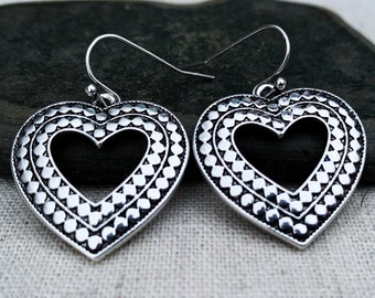 SALE - Silver Heart Earrings - Modern Heart Earrings - Geometric Heart Earrings - Unique Heart Earrings - Heart Jewelry Gifts