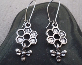 SALE - Silver Honeycomb Earrings - Honey Bee Earrings - Silver Bee Earrings