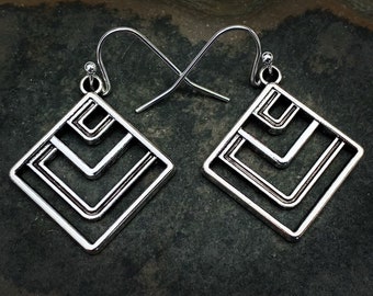 SALE - Art Deco Earrings - Geometric Earrings - Modern Earrings - Silver Dangle Earrings - Mod Silver Earrings - Geo Drop Earrings