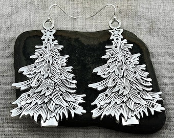 SALE - Big Christmas Tree Earrings - Large Silver Christmas Tree Earrings - Holiday Statement Dangle Earrings - Christmas Tree Jewelry Gifts