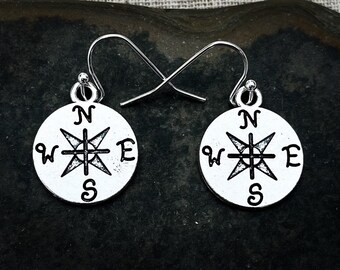 Compass Disc Earrings - Silver Compass Earrings - Compass Dangle Earrings - Travel Wanderlust  - Compass -  Gifts For Her
