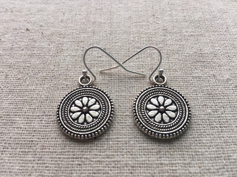 SALE Boho Flower Earrings Flower Disc Earrings Circle Flower Earrrings Bohemian Flower Jewelry Everyday Silver Jewelry image 2