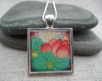 SALE - Watercolor Art Pendant - Unique Floral Necklace - Square Pendant Necklace - Pastel Jewelry Gifts - Artisan Flower Necklace