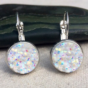 White Druzy Earrings - Dainty White Earrings - White Drop Earrings - White Jewelry Gifts - Gifts For Her - White Lever Back Earrings