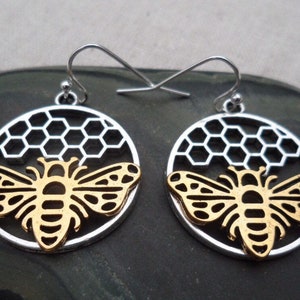 Honeycomb Bee Earrings - Honeycomb Bee Jewelry - Silver Bee Earrings - Gold Bee Earrings - Honeybee Earrings - HoneybeeGifts For Her