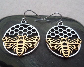 SALE - Honeycomb Bee Earrings - Statement Bee Earrings - Silver Bee Earrings - Gold Bee Earrings - Big Honeycomb Bee Earrings - Bee Earrings