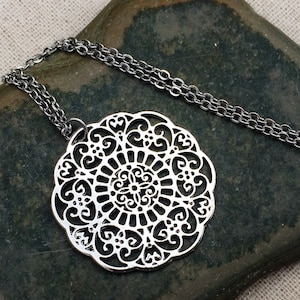 Silver Filigree Necklace - Silver Mandala Necklace - Ornate Silver Necklace - Silver Boho Necklace - Bohemian Necklace - Gifts For Her