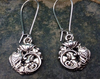 SALE - Koi Fish Earrings - Lotus Dangle Earrings - Silver Fish Jewelry - Lotus Flower Earrings - Meditation Yoga Jewelry