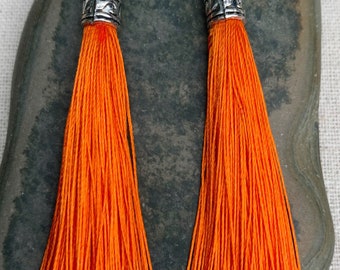 Orange Tassel Earrings - Long Orange Earrings - Orange Dangle Earrings - Orange Jewelry Gift - Orange Gifts For Her - Silver Orange Earrings