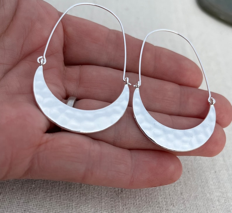 SALE Hammered Hoop Earrings Minimalist Hoop Earrings Modern Hoop Earrings Silver Hoop Earrings Crescent Hoop Earrings image 7