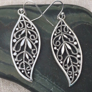 SALE - Filigree Leaf Earrings - Silver Leaf Earrings - Boho Leaf Earrings - Leaf Dangle Earrings - Whimsical Leaf Earrings - Leaf Jewelry