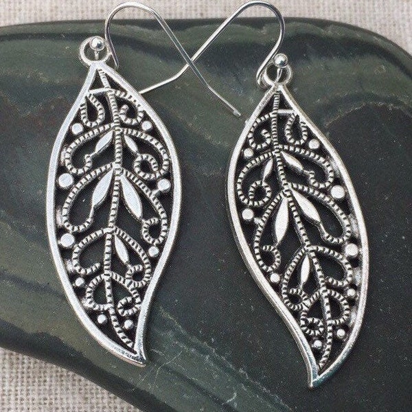 SALE - Filigree Leaf Earrings - Silver Leaf Earrings - Boho Leaf Earrings - Leaf Dangle Earrings - Whimsical Leaf Earrings - Leaf Jewelry