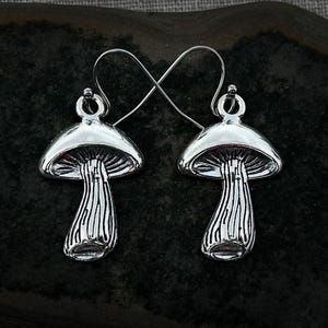 Silver Mushroom Earrings - Silver Toadstool Earrings - Mushroom Dangle Earrings - Toadstool Dangle Earrings - Mushroom Jewelry Gifts For Her