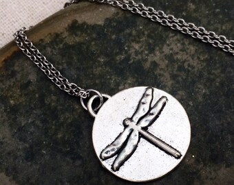 Silver Dragonfly Necklace - Dragonfly Disc Pendant - Dragonfly  - Silver Dragonfly Jewelry - Dragonfly Lover Necklace Gifts For Her