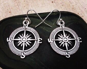 Silver Compass Earrings - Compass Dangle Earrings - Bon Voyage Jewelry - Adventure Travel Jewelry - Compass Jewelry Gifts - Gifts For Her