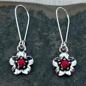 Dainty Red Flower Earrings - Little Red Flower Earrings - Dainty Silver Flower Earrings - Little Flower Dangle Earrings - Red Gifts For Her